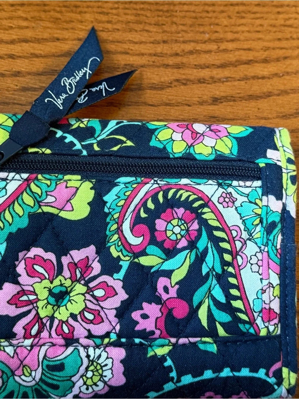 Vera Bradley Navy Floral Quilted Tri-Fold Card Holder with Pink & Green Accents